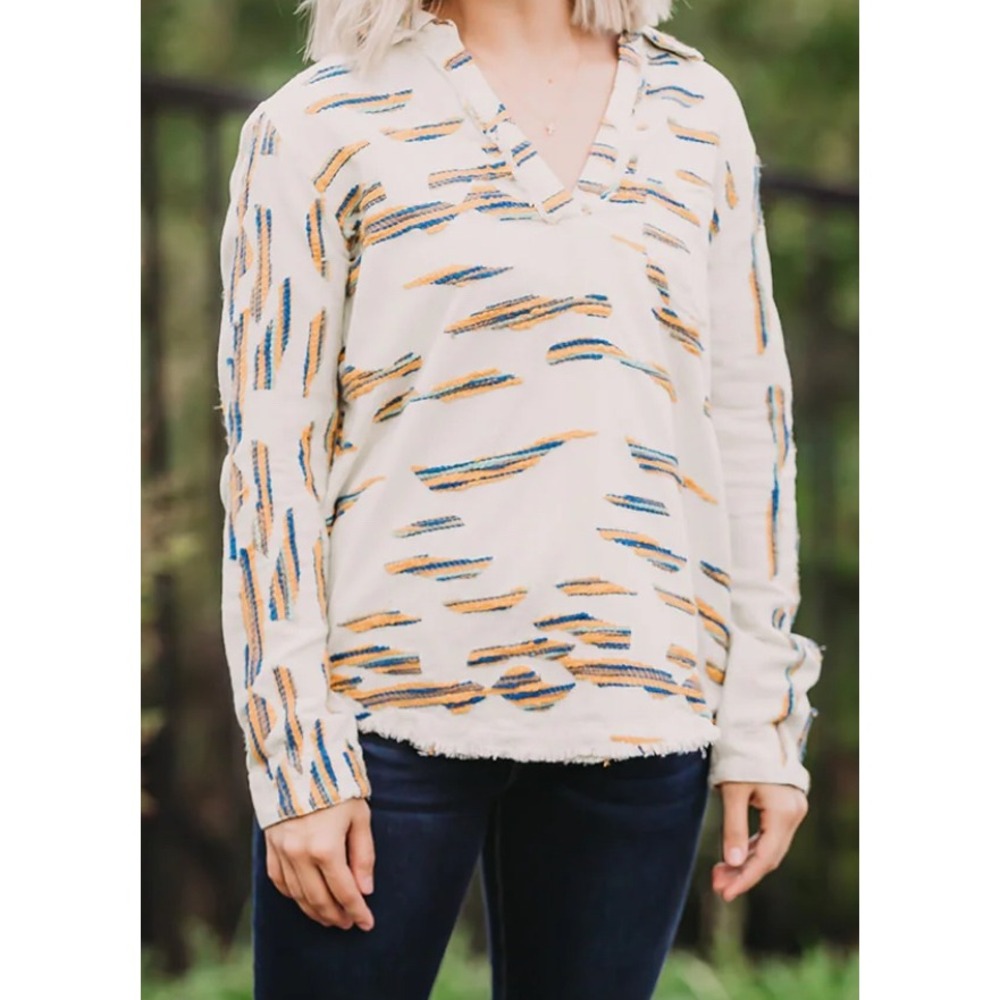 Ivy Jane Womens Textured Jacquard Abstract Stripe Pullover Top Cream Blue M